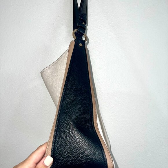 Kate Spade Hudson Color blocked Large Leather Hobo Bag, Tan Cream Shoulder Bag - Picture 4 of 8